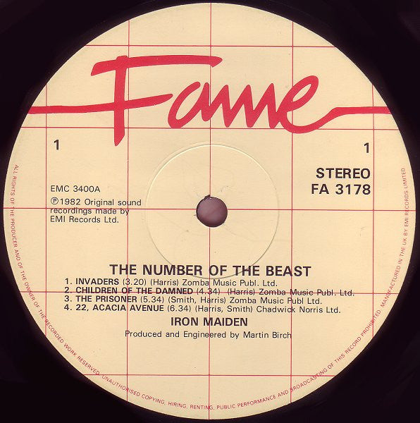 Image of Label Cover of LP - G+/G+ - IRON MAIDEN, The Number Of The Beast (Fame Cream, With Red Grid; FA 3178, UK 1987 Reissue), ,  - 1626231E