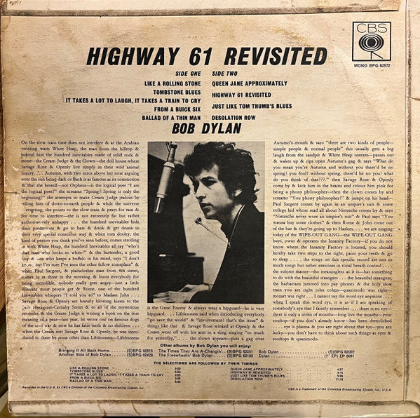 Image of Back Cover of 4815290C: LP - BOB DYLAN, Highway 61 Revisited (CBS Orange (33 On Label); BPG 62572, UK 1965, Laminated Front, Flipback, Non G&L Sleeve, Mono) Sleeve generally worn and a little grubby but nicely intact, Plays pretty well, A little surface noise  G+/G