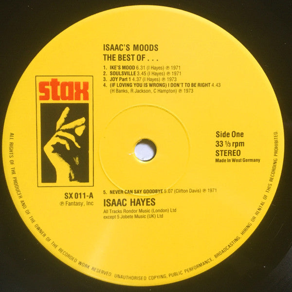 Image of Label Cover of LP - VG/VG - ISAAC HAYES, Isaac's Moods (Stax; SX 011, UK 1988), ,  - 1026431E