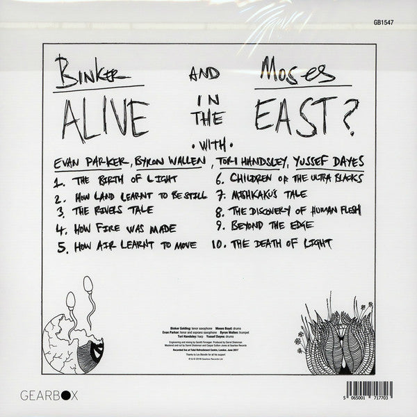 Image of Back Cover of 4224118E: LP - BINKER AND MOSES, Alive In The East? (Gearbox; GB1547, UK 2018, Picture Sleeve, Insert) Super clean copy aside from one heavy mark over the end of the A4 track and entirety of the A5 track that pops with every rotation. Rest of the record looks unplayed.  VG+/G