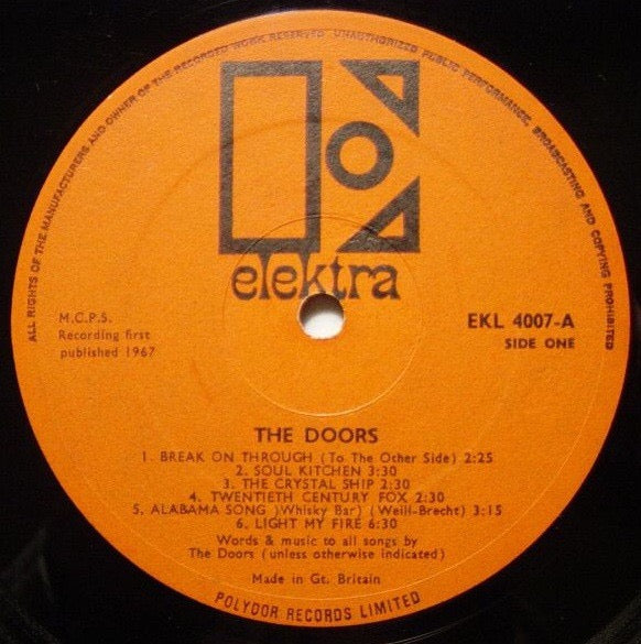 Image of Label Cover of 2914188C: LP - THE DOORS, The Doors (Elektra Orange & Black; EKL4007, UK 1967, Laminated Sleeve, Mono) Side One VG. Side Two Good + light marks only. Some laminate lift and creases on sleeve.  VG/G+