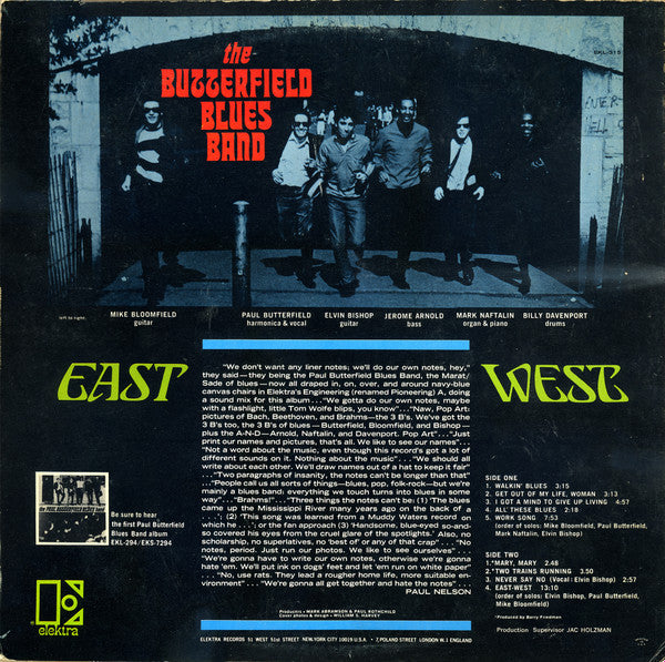 Image of Back Cover of LP - G+/G - THE BUTTERFIELD BLUES BAND, East-West (Elektra Orange; EKL-7315, UK (US Sleeve) 1966, Mono, 1st Press), Sturdy sleeve with wear and creasing. Disc looks rough but plays above grade with moderate surface noise.,  - 1346084S