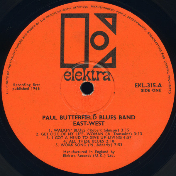 Image of Label Cover of LP - G+/G - THE BUTTERFIELD BLUES BAND, East-West (Elektra Orange; EKL-7315, UK (US Sleeve) 1966, Mono, 1st Press), Sturdy sleeve with wear and creasing. Disc looks rough but plays above grade with moderate surface noise.,  - 1346084S