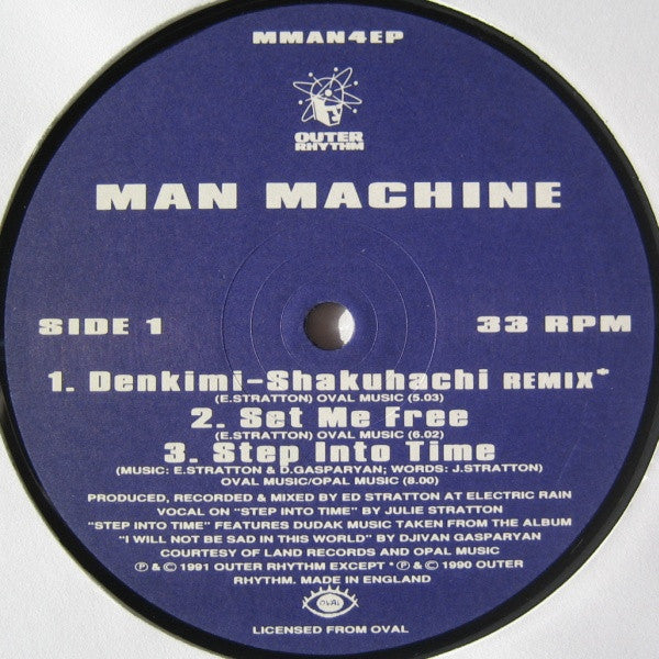 Image of Label Cover of 12" EP - VG/VG+ - MAN MACHINE, Step Into Time EP (Outer Rhythm; MMAN4EP, UK 1991, Stickered Company Sleeve), Sleeve close to VG+,  - 3346322S