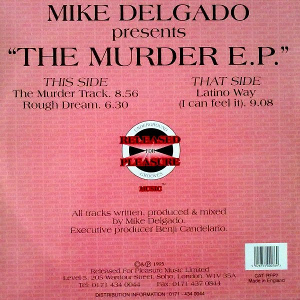 Image of Back Cover of 12" - VG/G+ - MIKE DELGADO, The Murder E.P. (Released For Pleasure; RFP7, UK 1995, Picture Sleeve), ,  - 3646260S