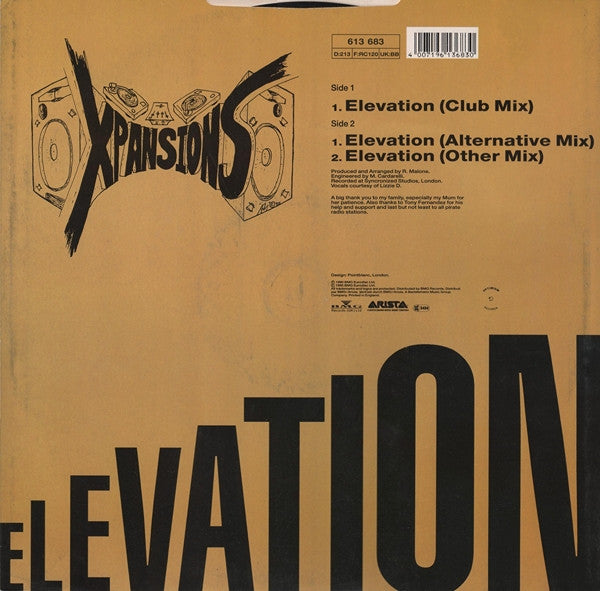 Image of Back Cover of 12" - VG/VG - XPANSIONS, Elevation (Arista; 613 683, UK 1990, Picture Sleeve), Light marks only,  - 4146116S