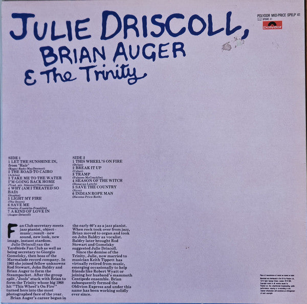 Image of Back Cover of LP - VG/VG+ - JULIE DRISCOLL, BRIAN AUGER AND THE TRINITY, Julie Driscoll, Brian Auger and the Trinity (Polydor; SPELP 41, UK 1980s Reissue), ,  - 2226096E