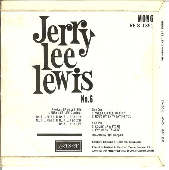 Image of Back Cover of 7" EP - VG+/VG - JERRY LEE LEWIS, Jerry Lee Lewis No.6 (London; RE-S 1351, UK 1963, Laminated Flipback Sleeve, Round Centre), Strong VG, Writing On Rear Sleeve,  - 3326160E