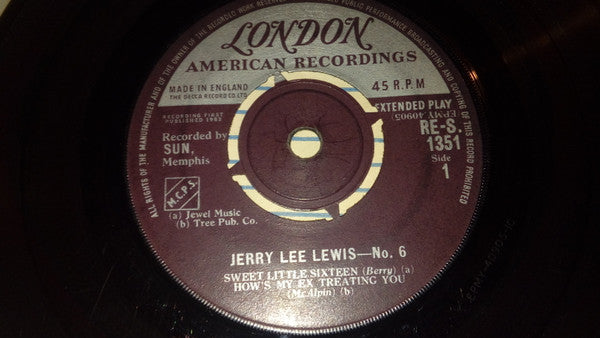 Image of Label Cover of 7" EP - VG+/VG - JERRY LEE LEWIS, Jerry Lee Lewis No.6 (London; RE-S 1351, UK 1963, Laminated Flipback Sleeve, Round Centre), Strong VG, Writing On Rear Sleeve,  - 3326160E