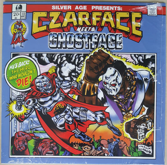 Image of Front Cover of LP - NEW/NEW - CZARFACE, GHOSTFACE KILLAH, Czarface Meets Ghostface (Silver Age ; SIL007LP, US 2019), , Hip-Hop underground legends 7L & Esoteric, and Wu-Tang Clan member Inspectah Deck are CZARFACE, the conceptual anti-hero in a comic book universe all of his own, fighting wack MCs and rap gimmicks. This release has a full length guest appearance from one of Wu-Tang Clan's most critically acclaimed solo artists, Ghostface Killah! An absolute must have for fans of 90s rap, dirty boom