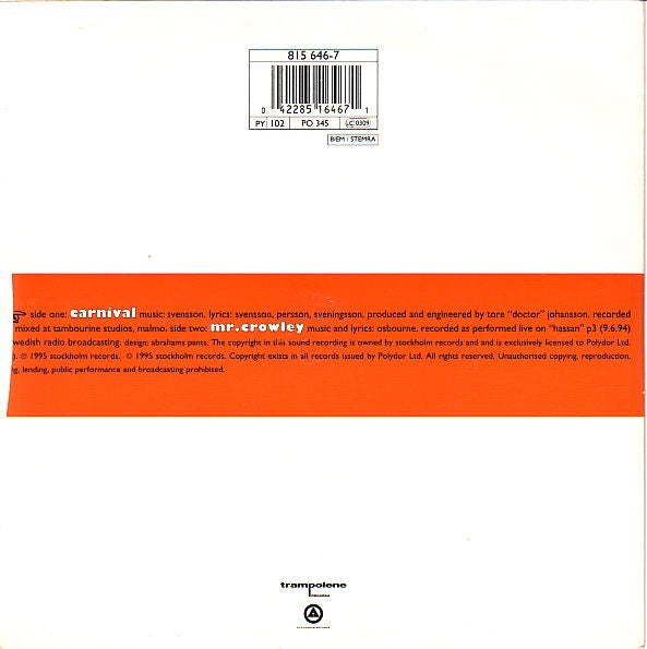 Image of Back Cover of 7" - VG/VG - THE CARDIGANS, Carnival (Trampolene Records; 815 646-7, UK 1995, b/w Mr. Crowley (Yes, That One)), ,  - 2316056C