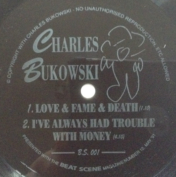 Image of Label Cover of 7" - VG+/VG+ - CHARLES BUKOWSKI, Love & Fame & Death / I've Always Had Trouble With Money (Beat Scene Magazine; BS 001 , UK 1991, Fold Over Sleeve, One Sided Flexidisc), ,  - 1226431E