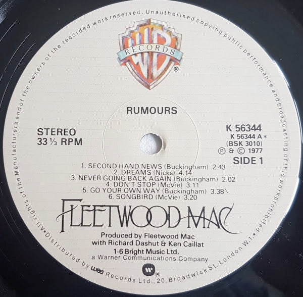 Image of Label Cover of 0115256C: LP - FLEETWOOD MAC, Rumours (WB Cream With Shield & Lines; K56344, UK 1980s Reissue, Insert)   VG/G+