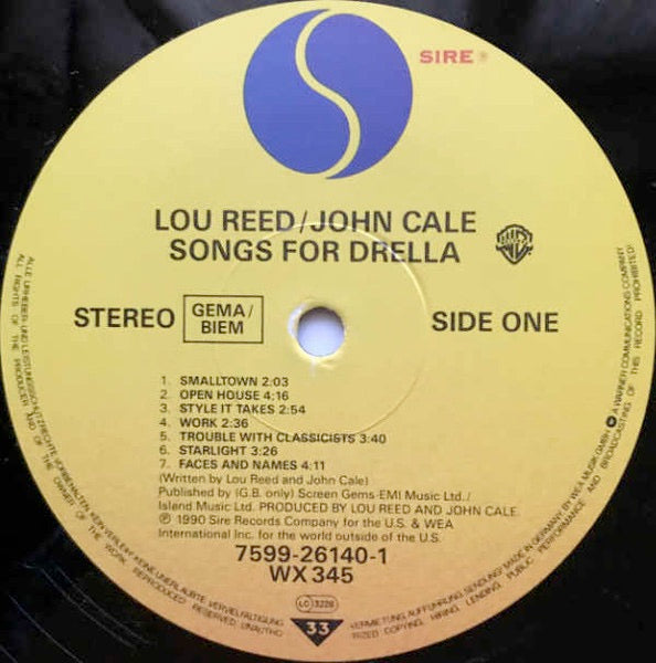 Image of Label Cover of 5144297S: LP - LOU REED / JOHN CALE, Songs For Drella (Sire; 7599-26140-1, Europe 1990, Inner, No German Lyric Insert.)   VG/VG+