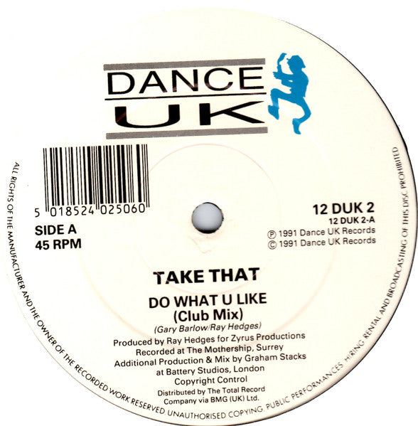 Image of Label Cover of 12" - VG/G+ - TAKE THAT, Do What U Like (Dance UK; 12 DUK 2, UK 1991, Picture Sleeve), Light marks, edge and ring wear.,  - 4316225C
