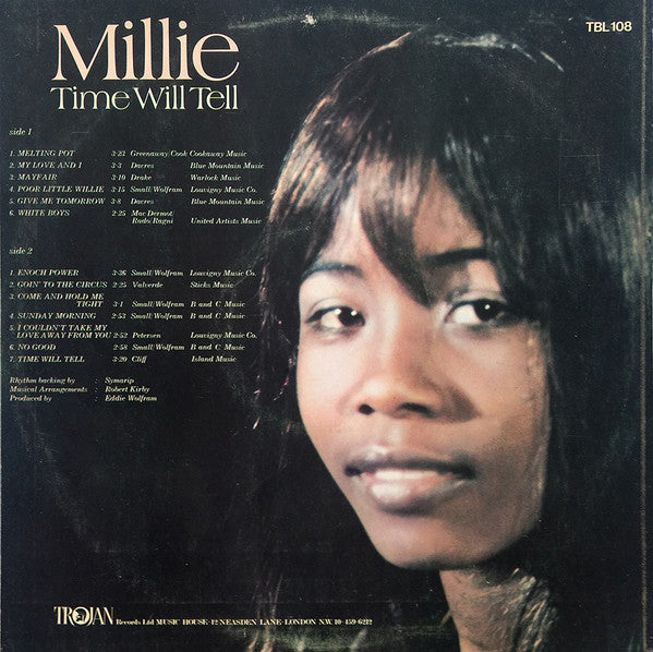 Image of Back Cover of LP - G+/VG - MILLIE, Time Will Tell (Trojan Records ; TBL 108, UK 1970, Laminated Front Sleeve), Light marks on vinyl. Multiple light creasing on sleeve. price sticker on sleeve.,  - 1546115S