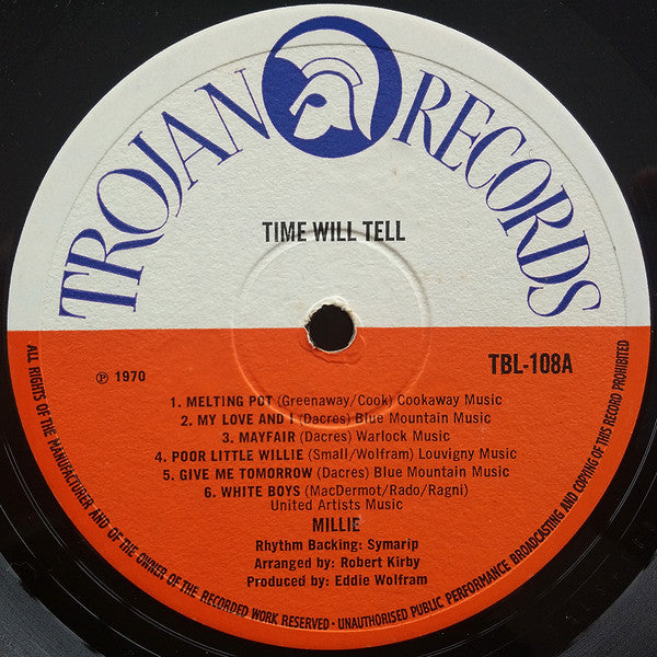 Image of Label Cover of LP - G+/VG - MILLIE, Time Will Tell (Trojan Records ; TBL 108, UK 1970, Laminated Front Sleeve), Light marks on vinyl. Multiple light creasing on sleeve. price sticker on sleeve.,  - 1546115S