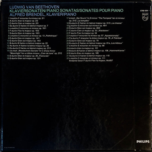 Image of Back Cover of 13xLP - VG+/VG+ - ALFRED BRENDEL, Beethoven: S mtliche Klaviersonaten   The Complete Piano Sonatas   Les 32 Sonates Pour Piano (Philips; 6768004, Netherlands 1978, Box Set, Booklet), Minor Crease in Front of Box, Otherwise Lovely Copy,  - 3926139E