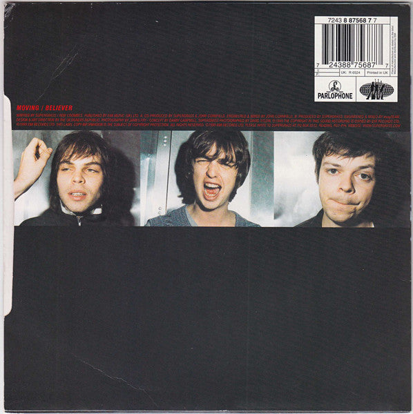 Image of Back Cover of 7" - VG/VG+ - SUPERGRASS, Moving (Parlophone; R 6524, UK 1999, Hype Stickered Sleeve, Blue Vinyl), Top left ring wear/crease.,  - 3916253C