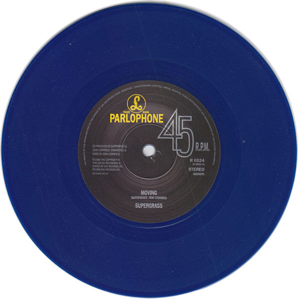 Image of Label Cover of 7" - VG/VG+ - SUPERGRASS, Moving (Parlophone; R 6524, UK 1999, Hype Stickered Sleeve, Blue Vinyl), Top left ring wear/crease.,  - 3916253C