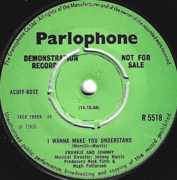 Image of Back Cover of 3254081S: 7" - FRANKIE AND JOHNNY, Climb Ev'ry Mountain / I Wanna Make You Understand (Parlophone; R 5518, UK 1966, A Label Demo, Company Sleeve) Label Wear, Centre Intact  VG/VG+