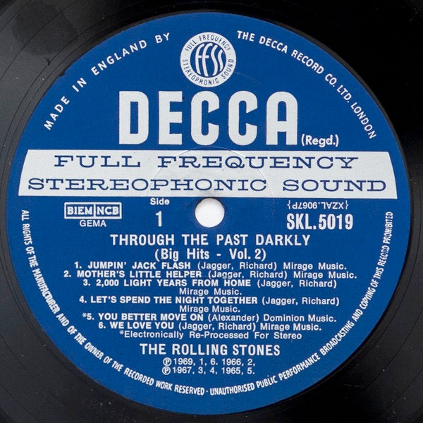 Image of Label Cover of 5114195C: LP - THE ROLLING STONES, Through The Past, Darkly (Big Hits Vol. 2) (Decca Blue Unboxed; SKL5019, UK 1969, Laminated Octagonal Sleeve With Indicator Hole, Blue Inner, Stereo) Glossy vinyl, Light marks only, Sleeve has rip in the spine but mostly intact  G+/VG