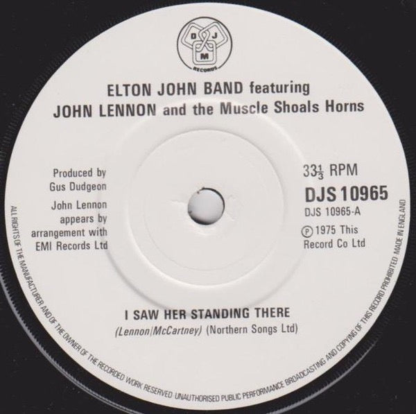 Image of Back Cover of 4414149C: 7" - ELTON JOHN BAND FEAT JOHN LENNON, I Saw Her Standing There (DJM; DJS10965, UK 1981, Promo, Picture Sleeve) Ring Wear  VG/VG