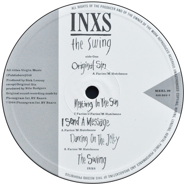 Image of Label Cover of LP - VG/VG+ - INXS, The Swing (Mercury; MERL 39, UK 1984, Inner), Gold Promo stamo on back cover, edge wear,  - 3446279S