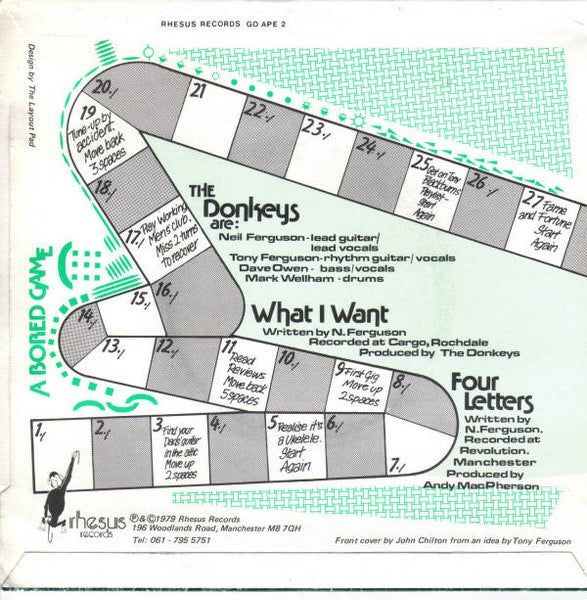 Image of Back Cover of 2514084C: 7" - DONKEYS, What I Want (Rhesus; GOAPE2, UK 1979, Picture Sleeve) Small patch of fogging on side B.  VG+/VG