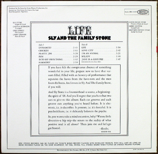Image of Back Cover of LP - VG/VG+ - SLY AND THE FAMILY STONE, Life (Epic; BN 26397, US Reissue, Glossy Sleeve), ,  - 3246308S