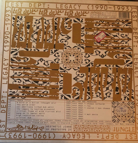 Image of Back Cover of LP - VG+/VG+ - TEST DEPT., Legacy (1990-1993) (Jungle; FREUD047, UK 1994), Strong VG+ - Slight Fogging,  - 2826062E