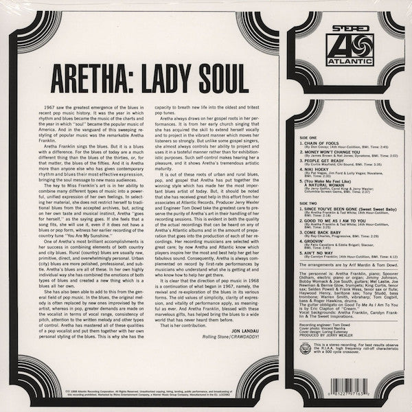 Image of Back Cover of 1834198E: LP - ARETHA FRANKLIN, Lady Soul (Atlantic; 8122797163, Europe 2012 Reissue)   NEW/NEW