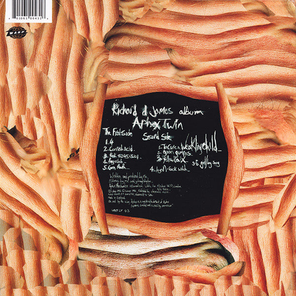Image of Back Cover of LP - NEW/NEW - APHEX TWIN, Richard D. James Album (Warp; WARPLP43, UK 2020 Reissue, 180 Gram ), , Richard D. James Album was composed by James on his Macintosh computer, and took longer to complete than his previous efforts. The album includes faster breakbeats and intricate drum programming inspired by jungle and drum and bass, as well as lush string arrangements, unstable time signatures, and slow ambient melodies reminiscent of James' previous work, as well as modulated vocals by J