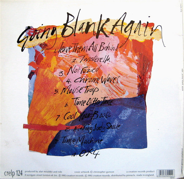 Image of Back Cover of 2x12" - VG/G+ - RIDE, Going Blank Again (Creation Records; crelp 124, UK 1992, Gatefold, Insert), Fair few hairline marks, All very light, Good gloss to discs, Strong VG sleeve, Light wear to corners and small mark on spine, With insert. ,  - 3316525C