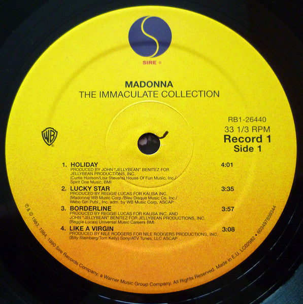 Image of Label Cover of 2xLP - NEW/NEW - MADONNA, The Immaculate Collection (Sire; 603497859344, Europe 2018 Reissue, Gatefold, 2 Inners), , The Immaculate Collection is the first of Madonna's greatest hits albums, covering all of her classics released between 1982 and 1990, and also featuring two new tracks for the time, which were Justify My Love and Rescue Me. The album begins with her earliest work (Holiday, Borderline) and matures from there (Papa Don't Preach, Like A Prayer), ending in 1990. - 6056069