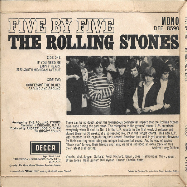 Image of Back Cover of 4624295E: 7" EP - THE ROLLING STONES, Five by Five (Decca Unboxed; DFE 8590, UK 1964, Picture Sleeve, Mono, KT Tax Code Under 'Extended Play' (Right)) Sticker Stuck To Rear Sleeve  VG+/VG+