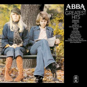 Image of Front Cover of 0614096C: LP - ABBA, Greatest Hits (Epic Yellow; EPC 69218, UK 1976, Gatefold) "Plus extra track FERNANDO" sticker on sleeve.  VG+/VG+