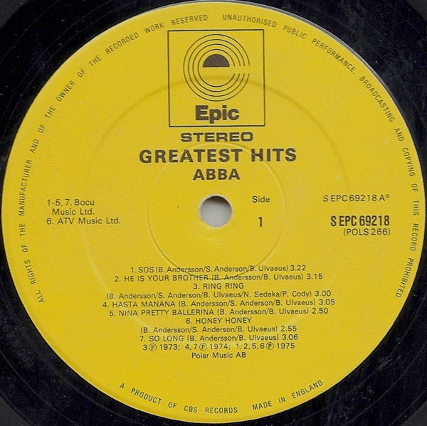 Image of Label Cover of 0614096C: LP - ABBA, Greatest Hits (Epic Yellow; EPC 69218, UK 1976, Gatefold) "Plus extra track FERNANDO" sticker on sleeve.  VG+/VG+