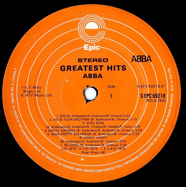 Image of Label Cover of S: LP - ABBA, Greatest Hits (Epic Orange; EPC 69218, UK 1976 Reissue, Gatefold) Lovely Copy  VG+/VG+