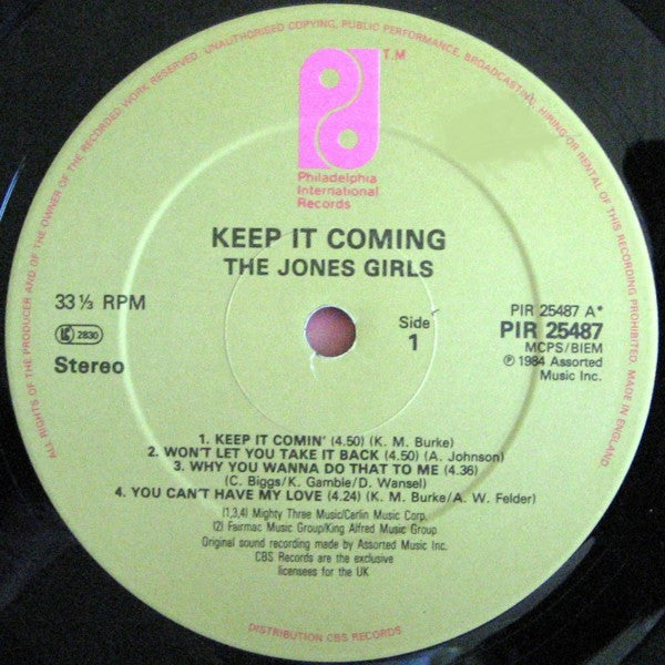 Image of Label Cover of LP - VG/VG+ - THE JONES GIRLS, Keep It Comin' (Philadelphia International Records; PIR 25487, UK & Europe 1984, Picture Sleeve), ,  - 3846033S