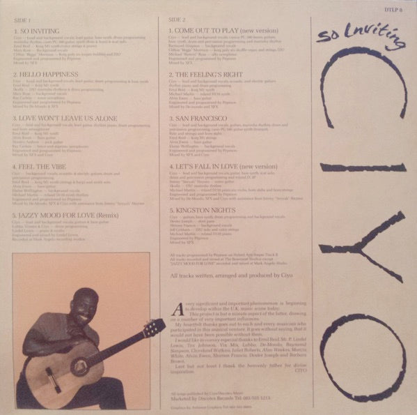 Image of Back Cover of 0616127C: LP - CIYO, So Inviting (Discotex Records; DTLP8, UK 2011) Light marks, press flaws, plays above grade. Sleeve is wavy on bottom left corner, looks good otherwise.  VG/G+