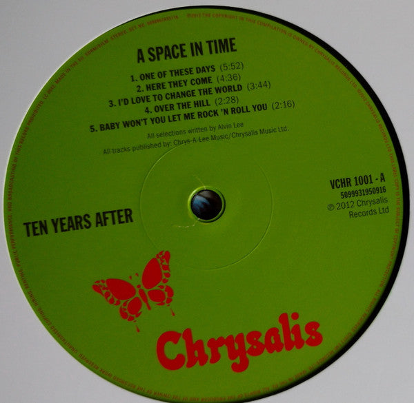 Image of Label Cover of LP - VG+/VG - TEN YEARS AFTER, A Space in Time (Chrysalis; VCHR 1001, Europe 2012 Reissue), NO DVD. Strong VG. Very slightly dished disc, with storage marks from inner. Still in hype stickered shrinkwrap, corner bump.,  - 4226274E