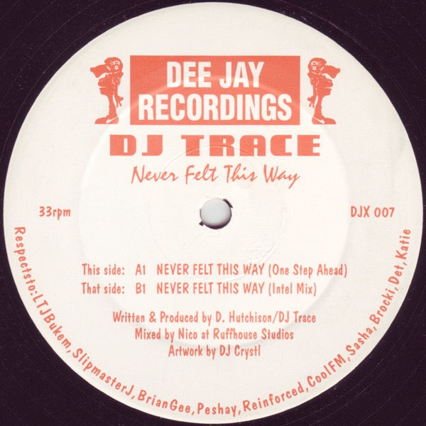 Image of Front Cover of 12" - /G+ - DJ TRACE, Never Felt This Way (Dee Jay; DJX 007, UK 1994, Plain Sleeve), ,  - 2446266S