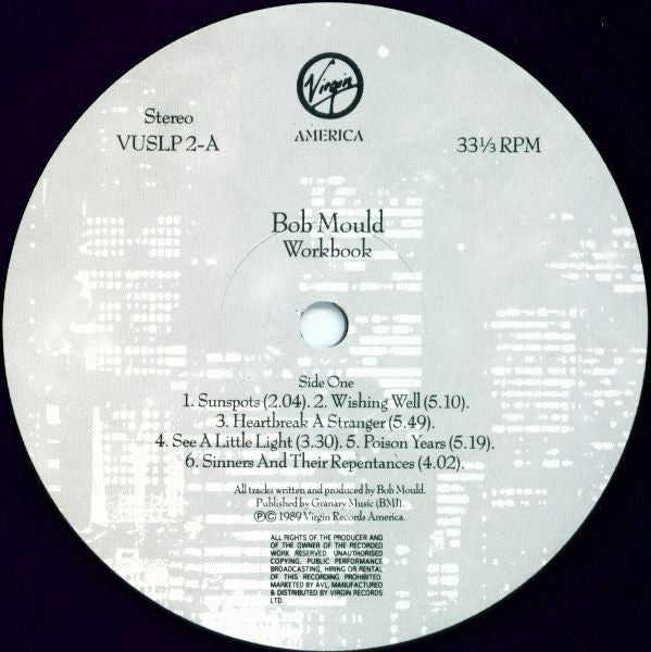 Image of Label Cover of LP - VG/VG - BOB MOULD, Workbook (Virgin; VUSLP2, UK 1989, Inner), ,  - 3226015E