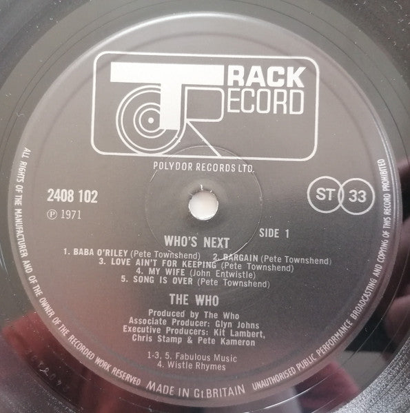 Image of Label Cover of LP - VG+/VG+ - THE WHO, Who's Next (Track; 2408102, UK 1970s Reissue, Limited Edition Stamp On Sleeve, A//4 B//4 Deluxe stamp), ,  - 3526096E