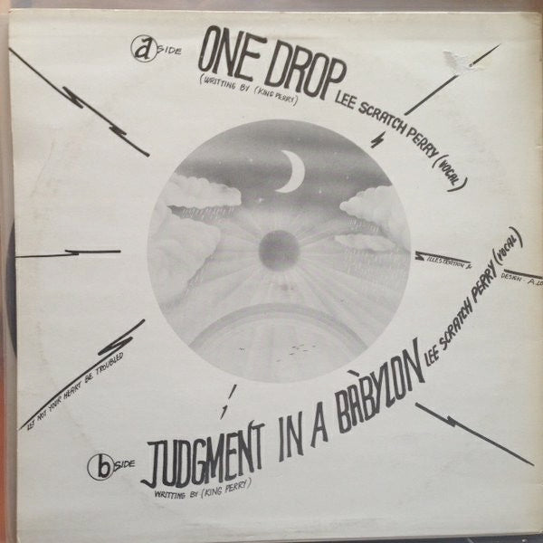 Image of Back Cover of 12" - VG/VG+ - LEE "SCRATCH"PERRY, Judgement In A Babylon / One Drop (Lion Of Judah; LPD001, UK 1985, Picture Sleeve), Clean shiny disc. Sleeve has water damage on left hand side next to spine.,  - 4016087C