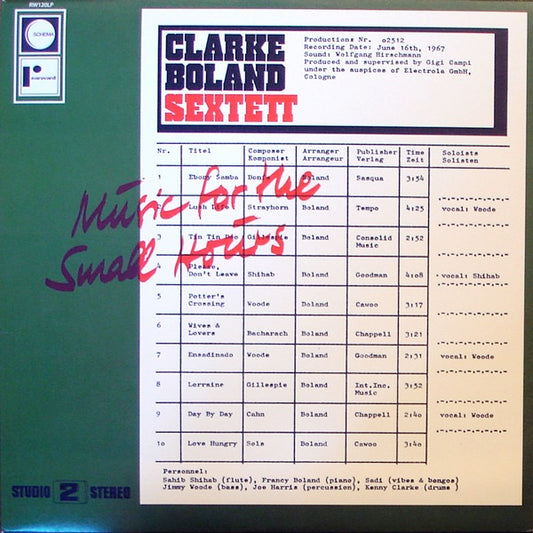 Image of Front Cover of LP - EX/EX - CLARKE BOLAND SEXTETT, Music For The Small Hours (Rearward; RW120LP, Italy 2008 Reissue, Picture Sleeve), ,  - 0526092E