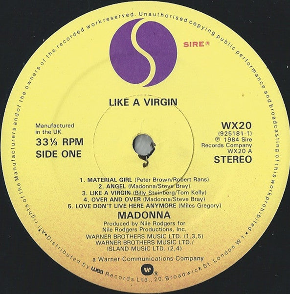 Image of Label Cover of LP - VG/VG - MADONNA, Like a Virgin (Sire ; 925 181 1 , UK 1985 Reissue, Inner, Damont Pressing), Hairlines,  - 2846005S
