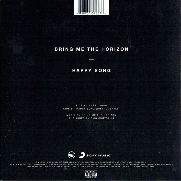 Image of Back Cover of 4624045E: 7" - BRING ME THE HORIZON, Happy Song / Happy Song (Instrumental) (Sony; 88875134667, UK 2015, Picture Sleeve, Limited Edition of 2000)   EX/EX