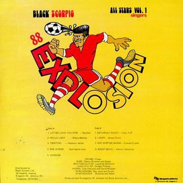 Image of Back Cover of 4244366S: LP - VARIOUS, Black Scorpio All Stars - Vol.1 Singers - Explosion 88 (Black Scorpio; 1988, Jamaica 1988) Sturdy intact sleeve with edge and ring wear. Only light marks on disc.  G+/VG